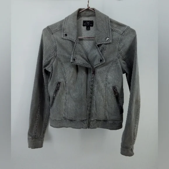 Lucky Brand Gray Denim Moto Jacket Zip Up Faded Small Cotton Blend